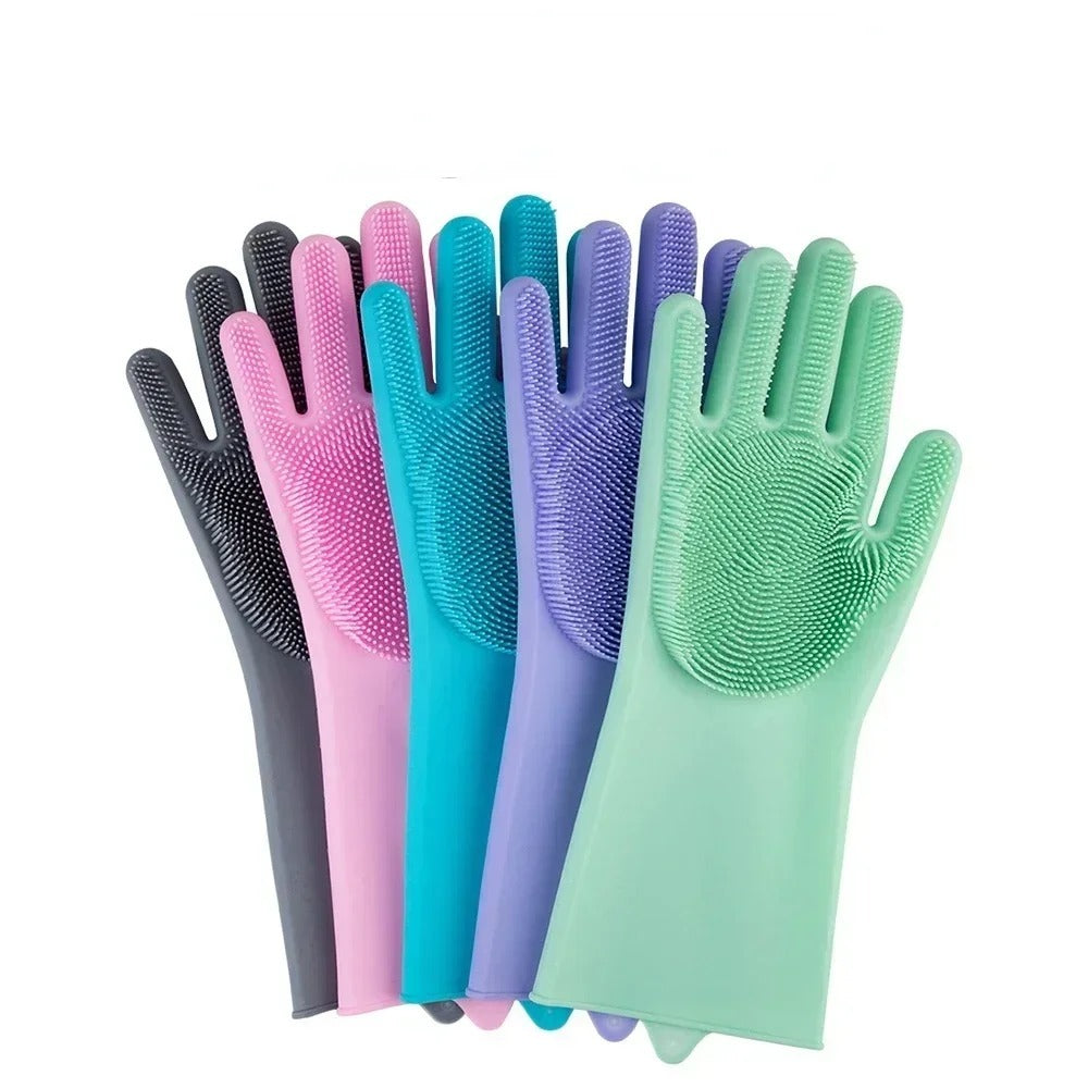 Magic Silicone Dish washing Gloves – Reusable Rubber Cleaning Gloves with Built-In Scrubber for Kitchen & Household Use