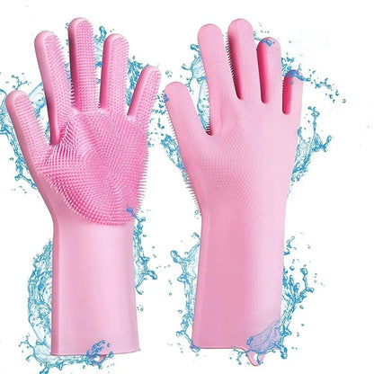 Magic Silicone Dish washing Gloves – Reusable Rubber Cleaning Gloves with Built-In Scrubber for Kitchen & Household Use