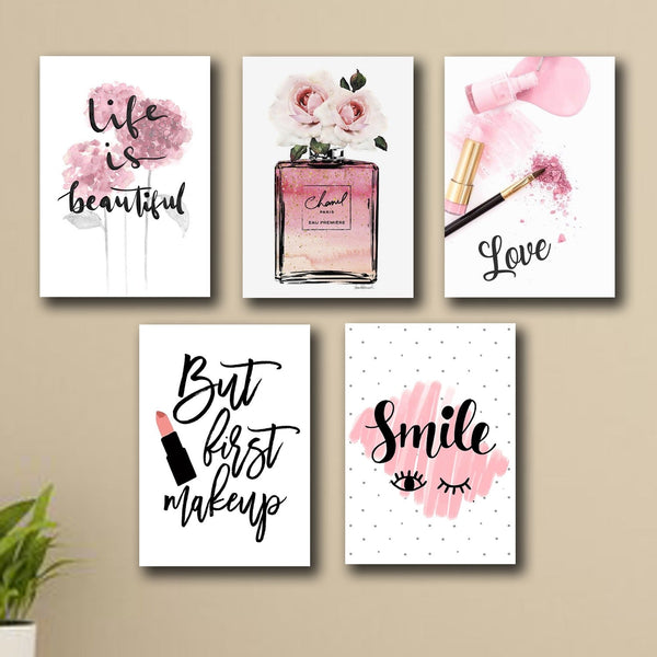 Set Of 5 Make Up Themed Girls Room Decor Wall Art Wooden Sticky Phototile Frames (8 X 11 Inches)