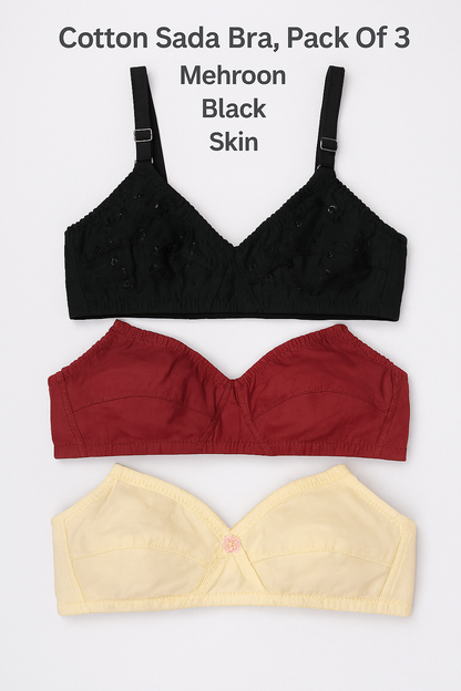 Pack of 3 Cotton Sada Bra  – Mehroon, Black & Skin Color