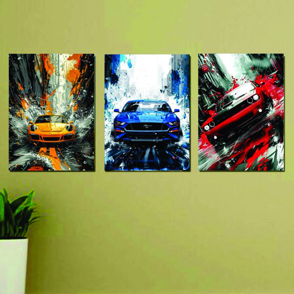 Set Of 3, Luxary Cars Wall Art Photo Canvas Wooden Tile Frame